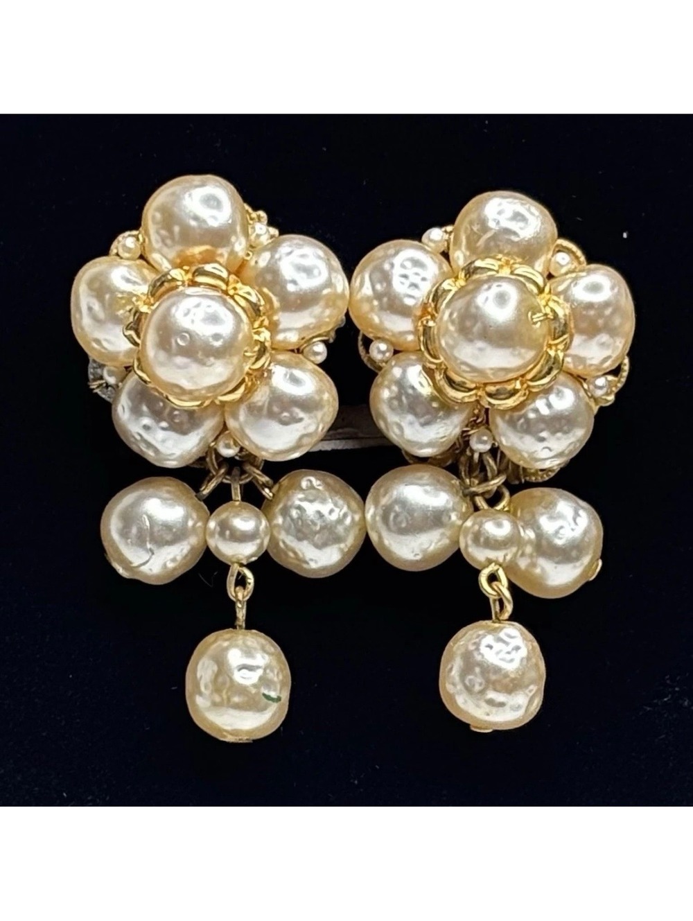 Miriam Haskell Faux Pearl Baroque Dangle Screw Back Clip Gold Tone Earrings